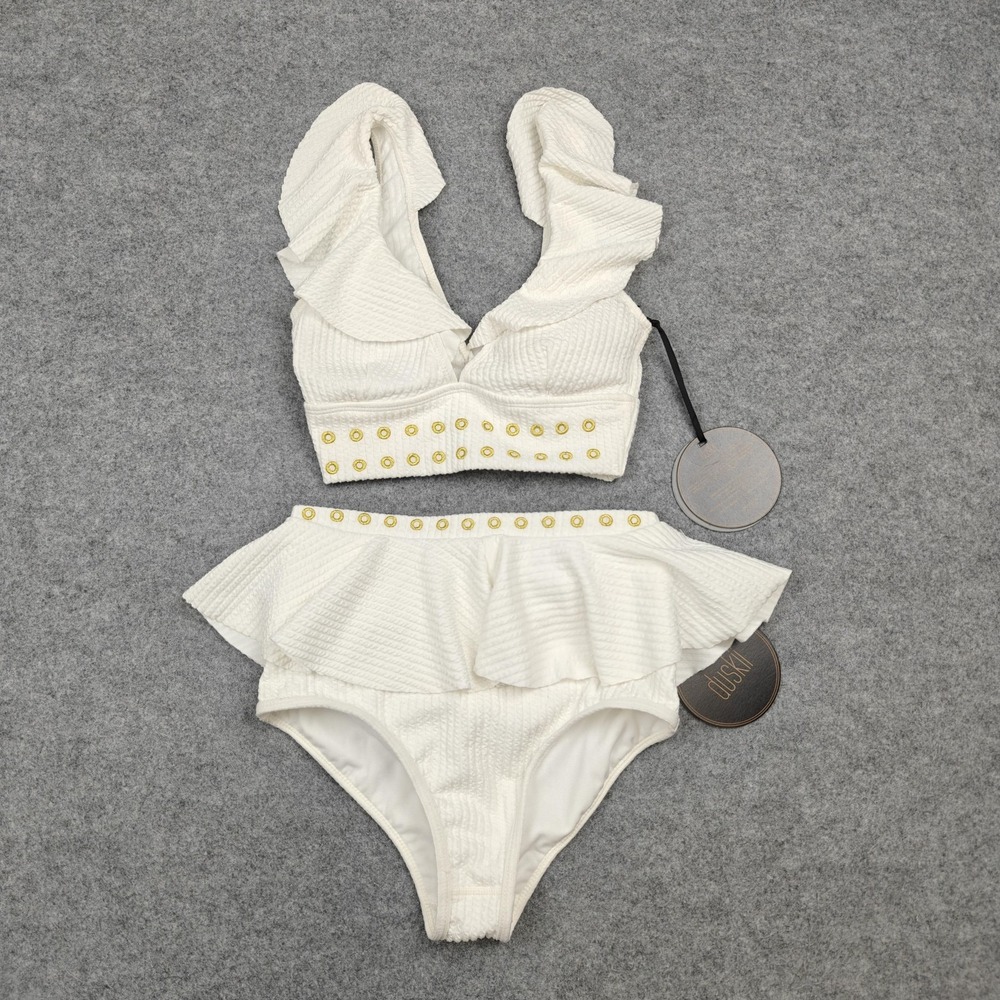 Duskii Bikini Swimsuit Womens XS White Sunrise Ruffle High Waist 2PC New